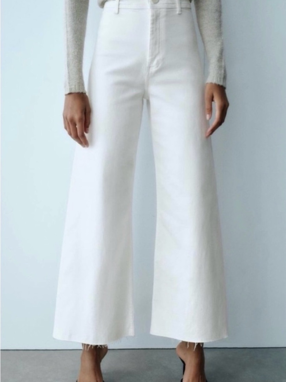 Zara White Marine Wide Straight Leg High Rise Raw Hem Jeans 2